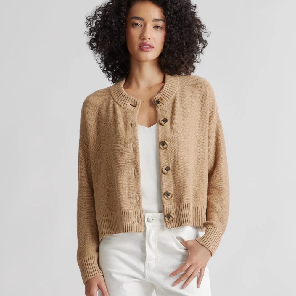 Quince 100% Organic Cotton Cropped Cardigan in Camel
